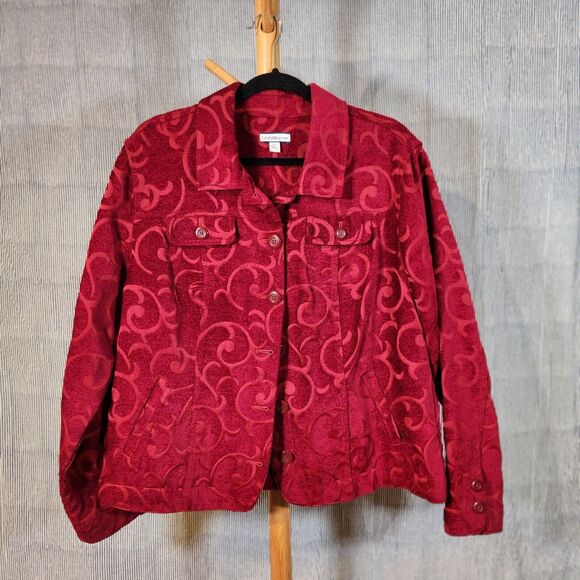 Croft & Barrow $65 XL‎ Red Burgundy Brocade Velvet Button Up Jacket Pockets - Picture 1 of 10